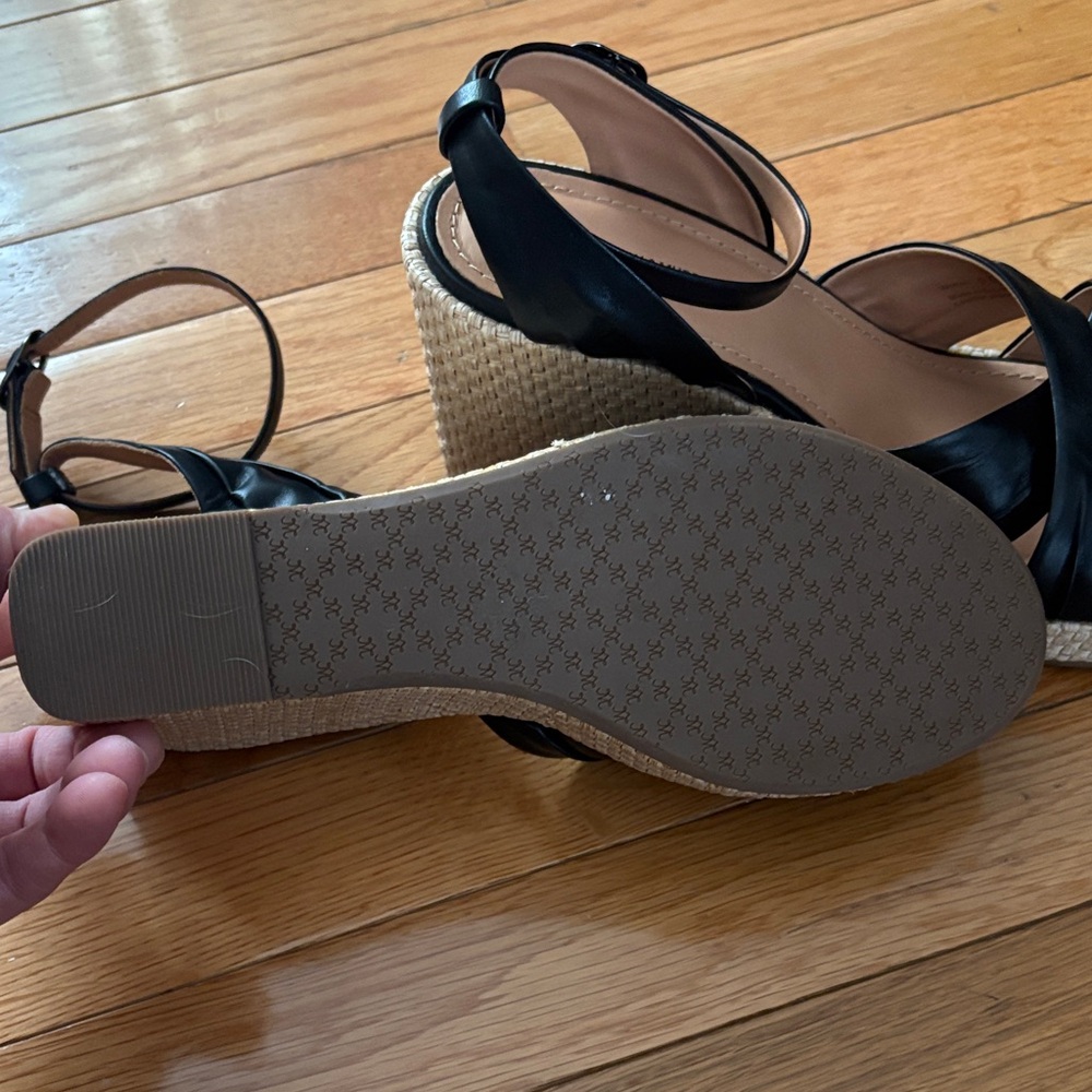 Johnston & Murphy Black Leather Espadrille Wedges with Ankle Strap - Picture 4 of 11